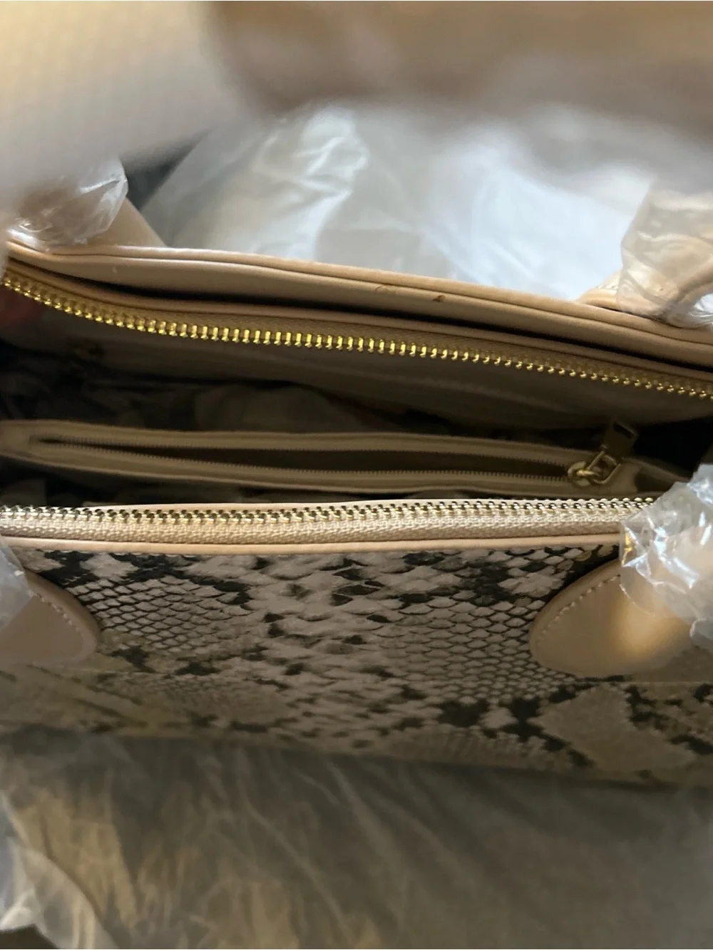 Beige Snake-Print Tote Bag with Tan Handles